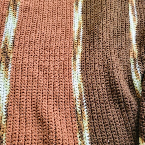 Vintage Crochet LONG Afghan Blanket, Pink, Brown & Cream Stripes Couch Throw - Picture 4 of 10